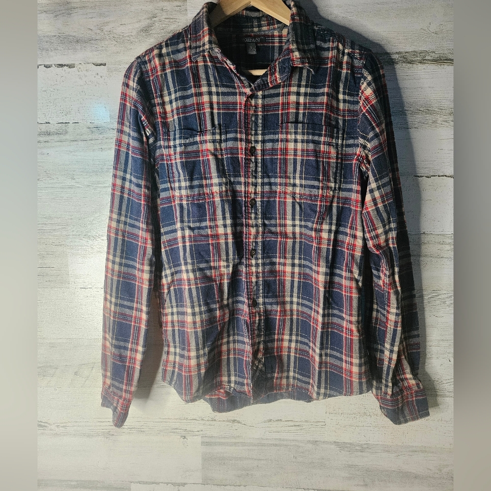 Toad&Co Men's Flannagan LS Shirt Navy Red Organic Cotton Size Small
